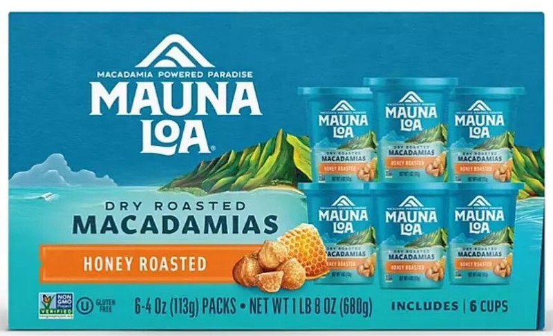 24oz – 6 Pack Box of 4oz cups Macadamia Nuts Dry Roasted HONEY MAUNA LOA Hawaii