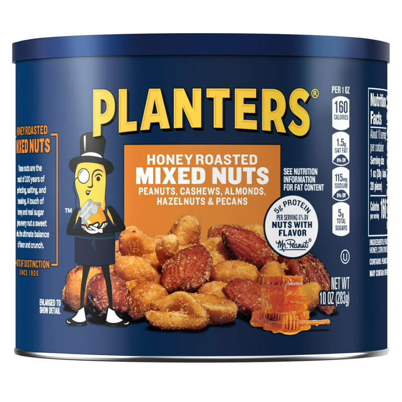 PLANTERS Honey Roasted Mixed Nuts, Party Snacks, Plant Based Protein, 10 oz Stee