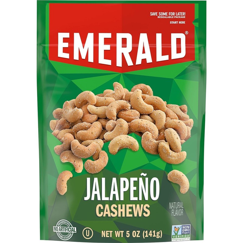 Emerald Nuts Jalapeno Cashews 5 Oz Resealable Bag Spicy Nut Snack Pack of 2