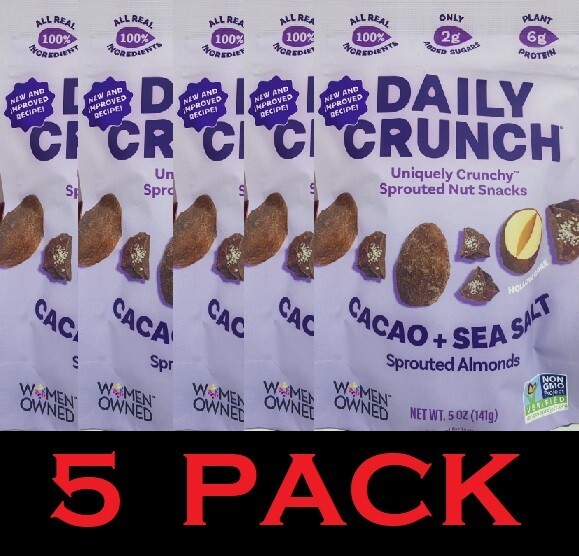 5x Daily Crunch CACAO + SEA SALT SPROUTED ALMONDS 5 oz Resealable Bag – 5 PACK