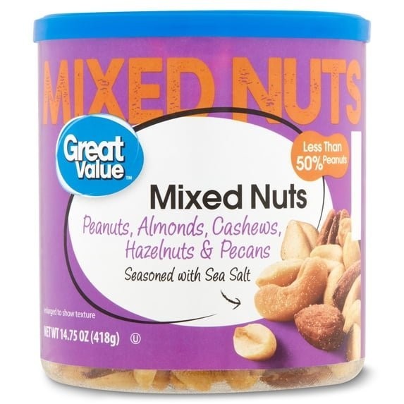 Great Value Roasted & Salted Mixed Nuts 14.75 oz Snack Party Size Canister
