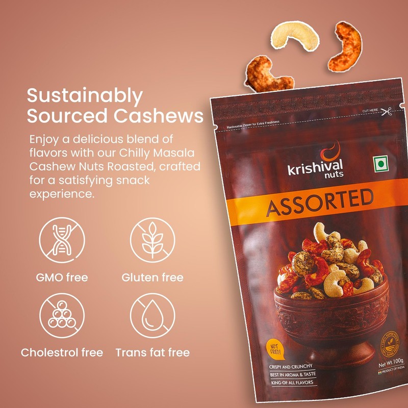 Krishival Assorted Cashews 250g | Pepper, Chilli & Salt | High Protein & Fiber gallery