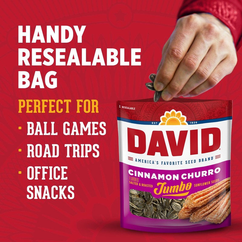 DAVID Jumbo Sunflower Seeds, Cinnamon Churro Flavor, 5.25 oz. Pack of 12 gallery