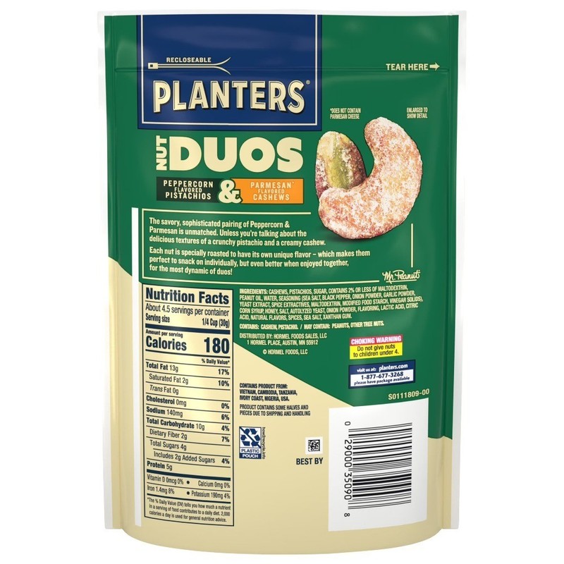 Nut Duos Peppercorn Pistachio and Parmesan Flavored Cashew, 5 oz Resealable Bag gallery