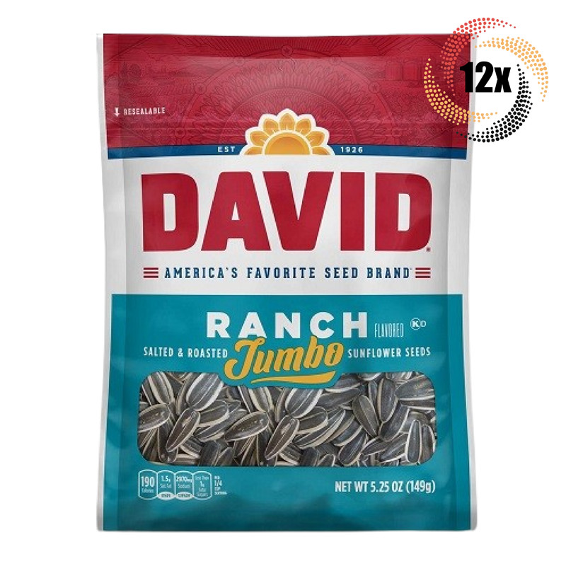 12x Bag David Jumbo Ranch Flavor Sunflower Seed Bags | 5.25oz | Salted & Roasted