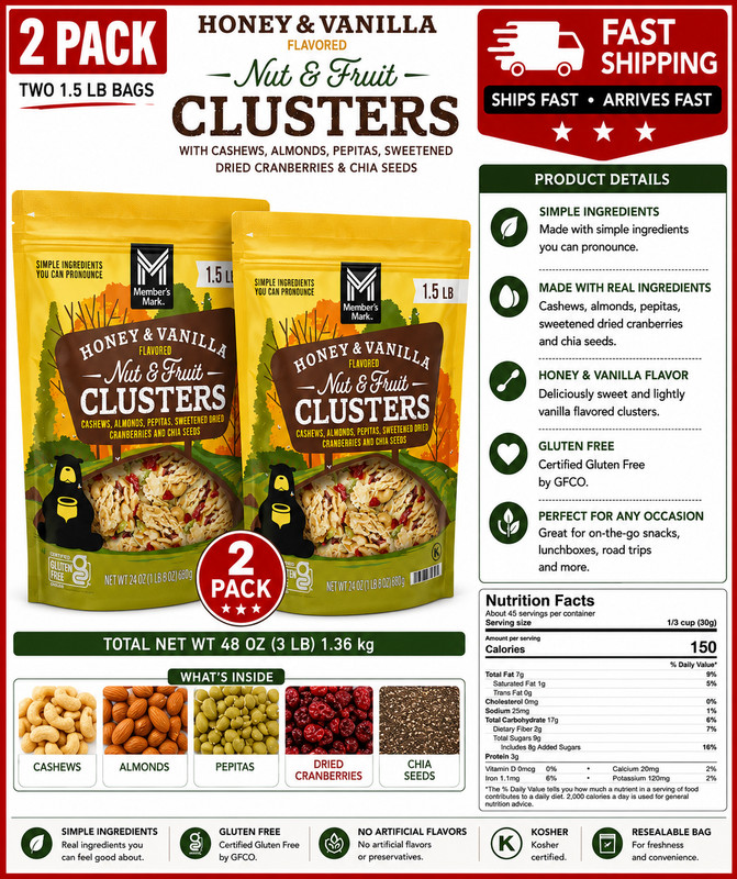 2 Pack Member’s Mark Honey Vanilla Nut & Fruit Clusters 24 oz Bag