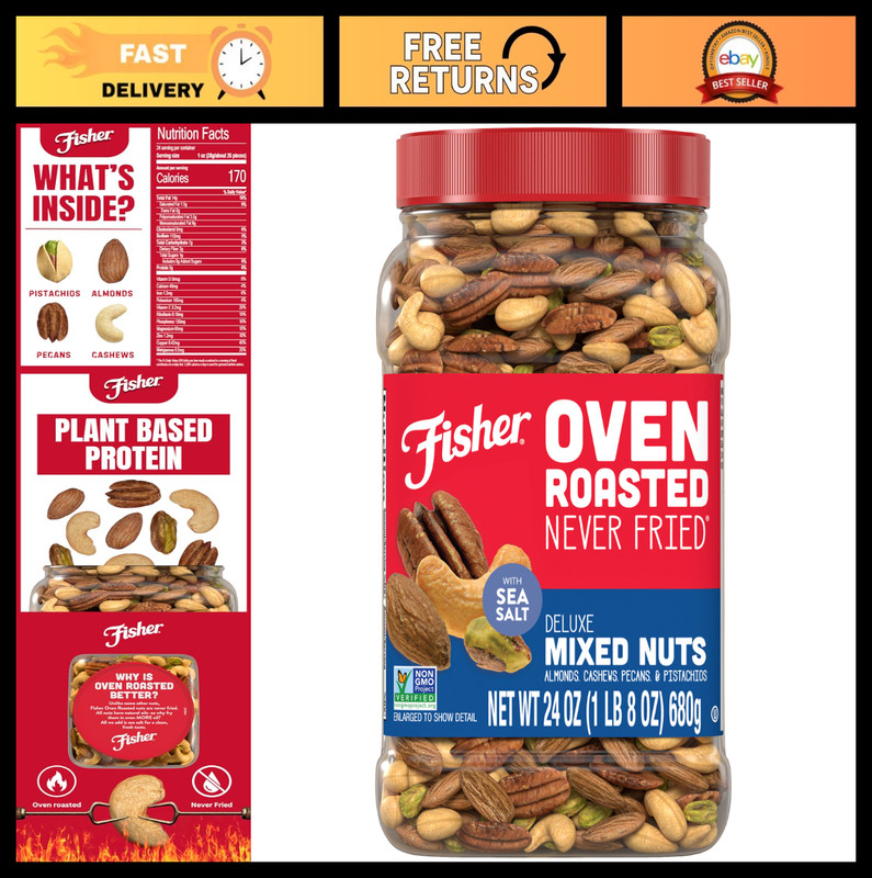 Deluxe Mixed Nuts 24oz – Oven Roasted, No Oil, Gluten Free, Healthy Snack Mix, A