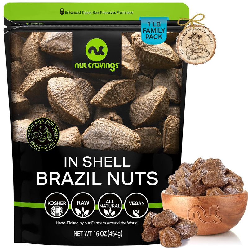– Raw Brazil Nuts in Shell – Whole, (16Oz – 1 LB) Packed Fresh in Resealable Bag