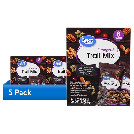 Great Value Omega-3 Trail Mix 1.5 oz Packs 5 Pack 40 Count Snack Nuts