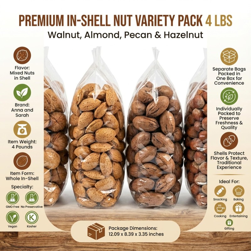 Premium In-Shell Nut Variety Pack, 4 lbs, Mixed Nuts in Shell, Walnut, Almond... gallery