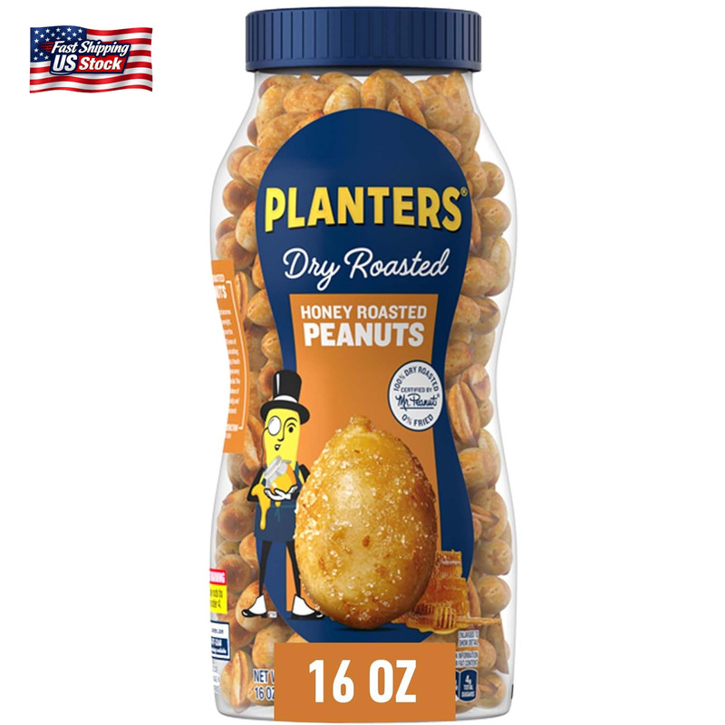 PLANTERS Honey Roasted Peanuts, Dry Roasted Peanuts, Party Snack, Plant-Based Pr