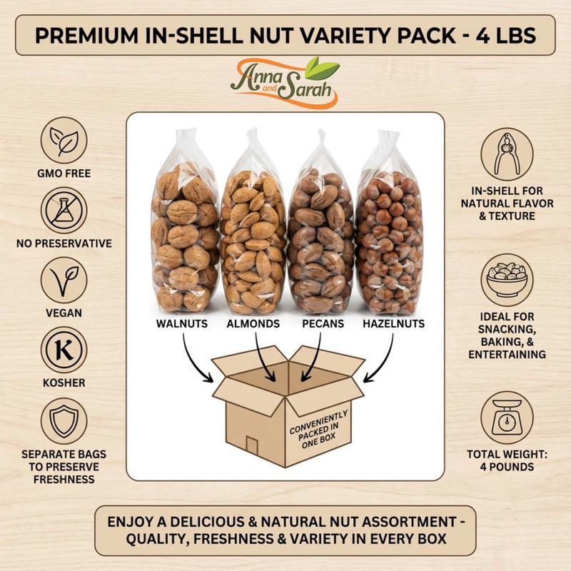 Premium In-Shell Nut Variety Pack, 4 lbs, Mixed Nuts in Shell, Walnut, Almond... gallery