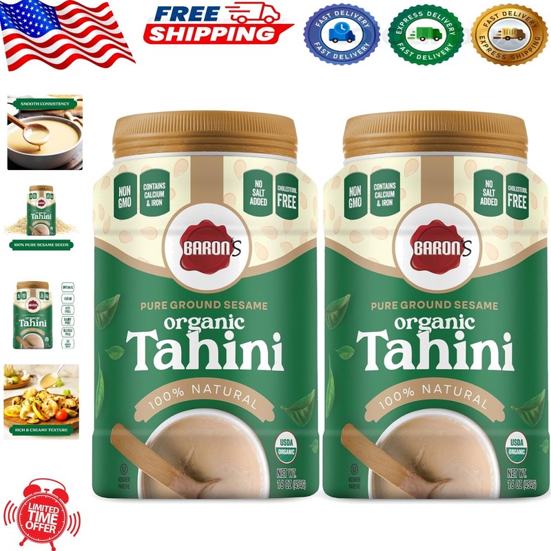 USDA Organic Tahini - Pure Sesame Paste, 2 x 16 oz Jars for Healthy Cooking