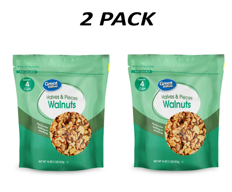 (2 PACK) Great Value Walnuts Halves & Pieces, 16 oz.