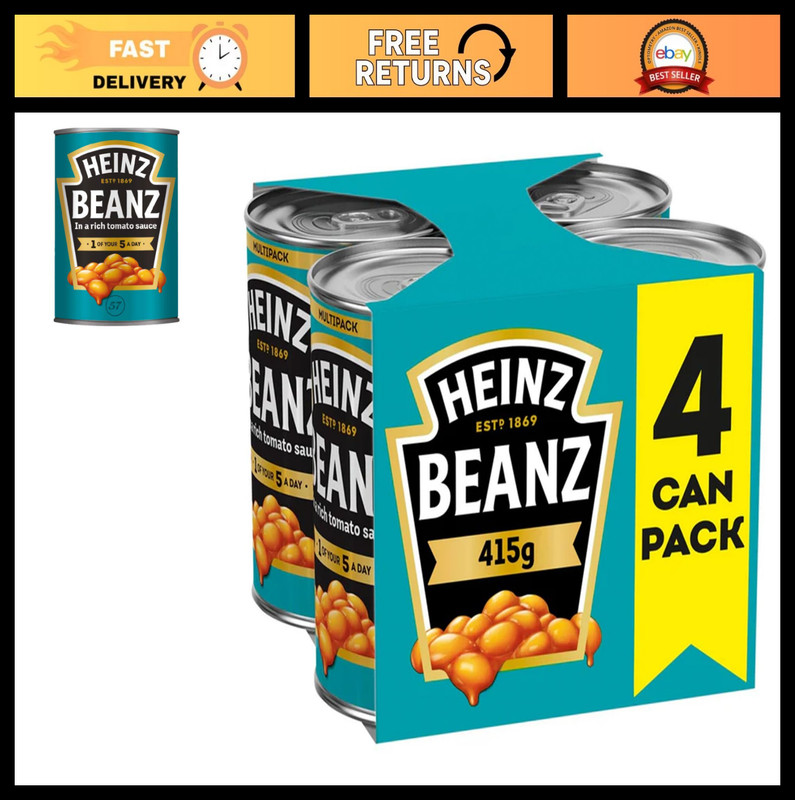 Heinz Baked Beans 415g - 4 Pack, British Style Canned Beans, High Protein, Vegan