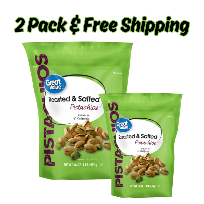 Great Value Roasted & Salted Pistachios, 16 oz Resealable Bag Pack of 2