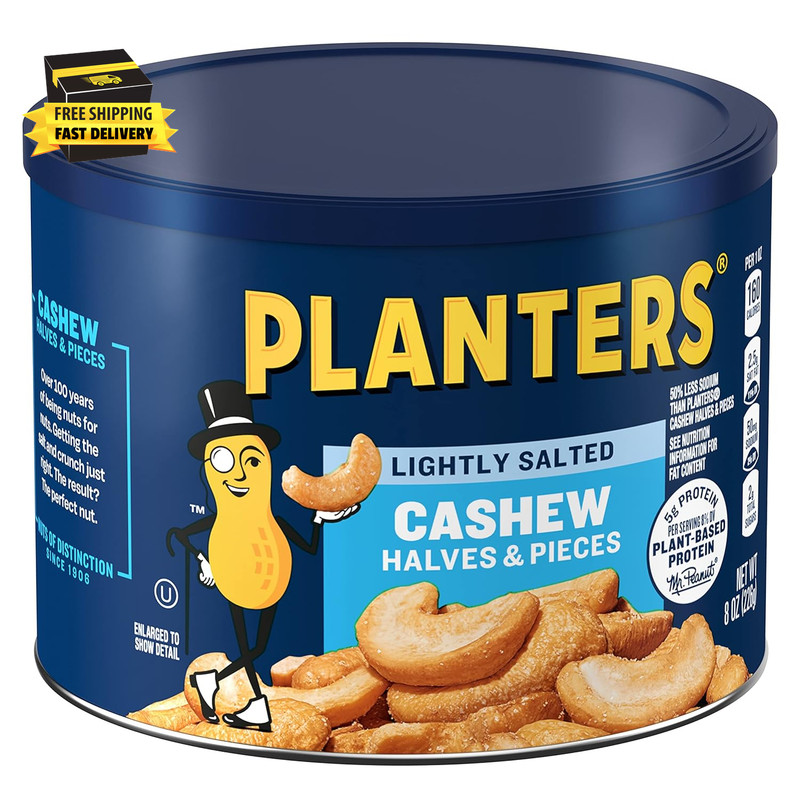 Lightly Salted Cashews, Cashew Halves & Pieces, Plant-Based Protein, 8 Oz Canist gallery