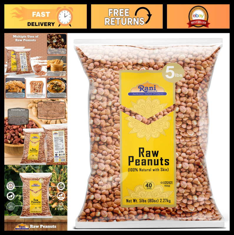 Raw Whole Peanuts with Skin 80oz (5lbs) - All Natural, Vegan, Kosher, Gluten-Fre