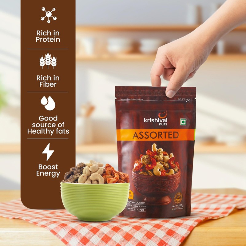 Krishival Assorted Cashews 250g | Pepper, Chilli & Salt | High Protein & Fiber gallery