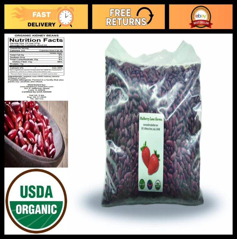 Organic Dark Red Kidney Beans - 5 lbs Dried, Non-GMO, Bulk, USA Grown, Healthy P