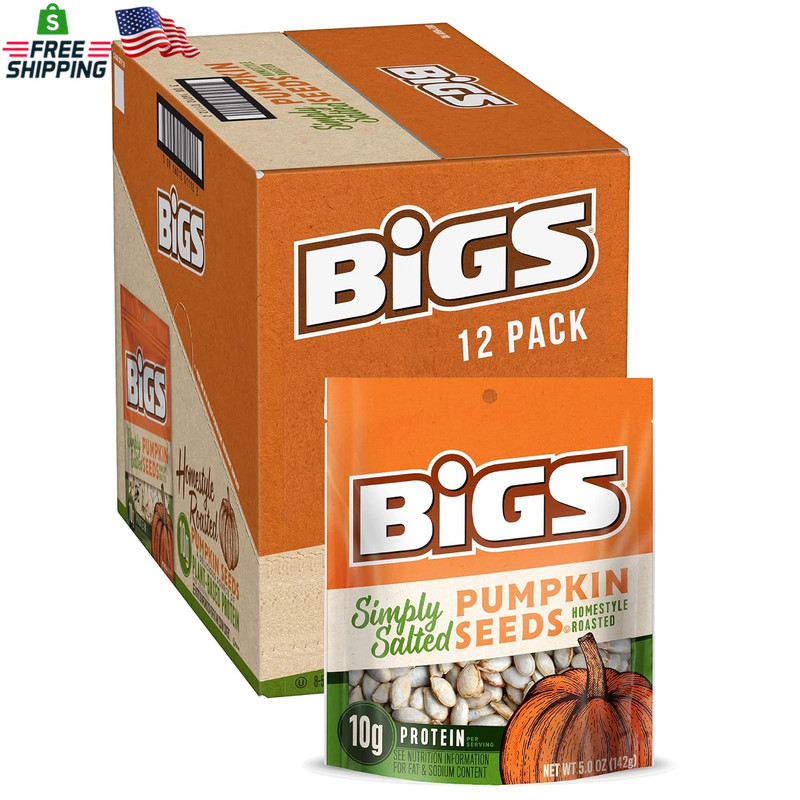 BIGS Pumpkin Seeds, Simply Salted Homestyle Flavor, 5 Oz. (Pack of 12)