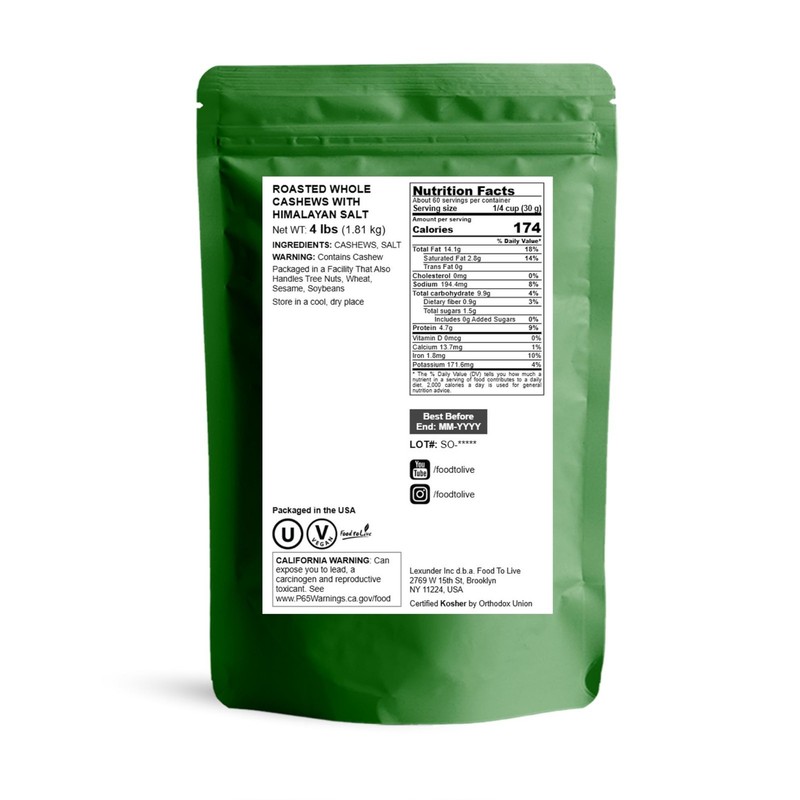 Dry Roasted Whole Cashews with Himalayan Salt - 4 lbs Vegan Kosher Snack Nuts gallery