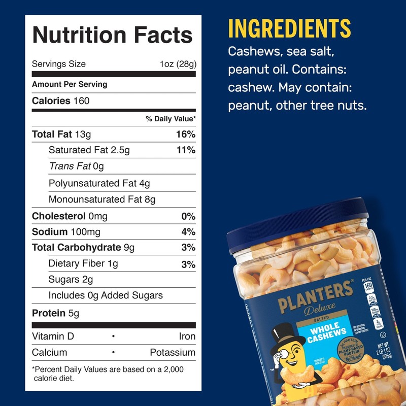 Salted Whole Cashews, Party Snacks, Plant Based Protein, 33 oz Plastic Jar gallery