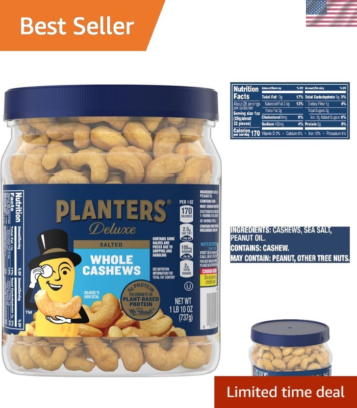 Whole Cashews with Sea Salt – 26 oz Resealable Jar for Healthy Snacking