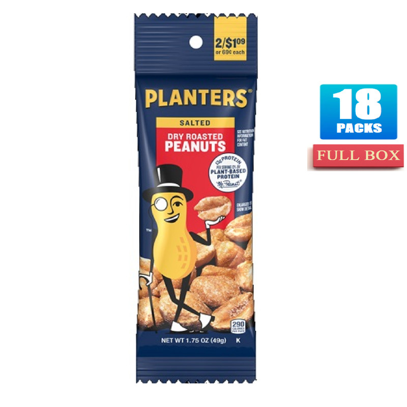18x Packs Planters Salted Dry Roasted Peanuts Tube – 1.75oz Each