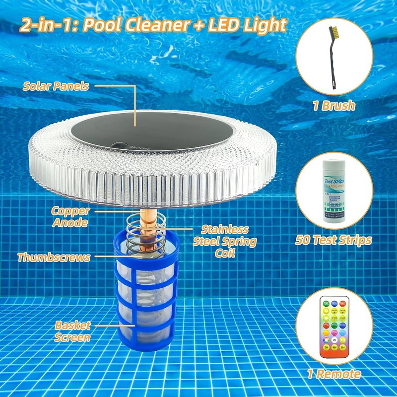 Solar Pool Ionizer with LED Light & Remote Control - Copper Floating Pool Cle... gallery
