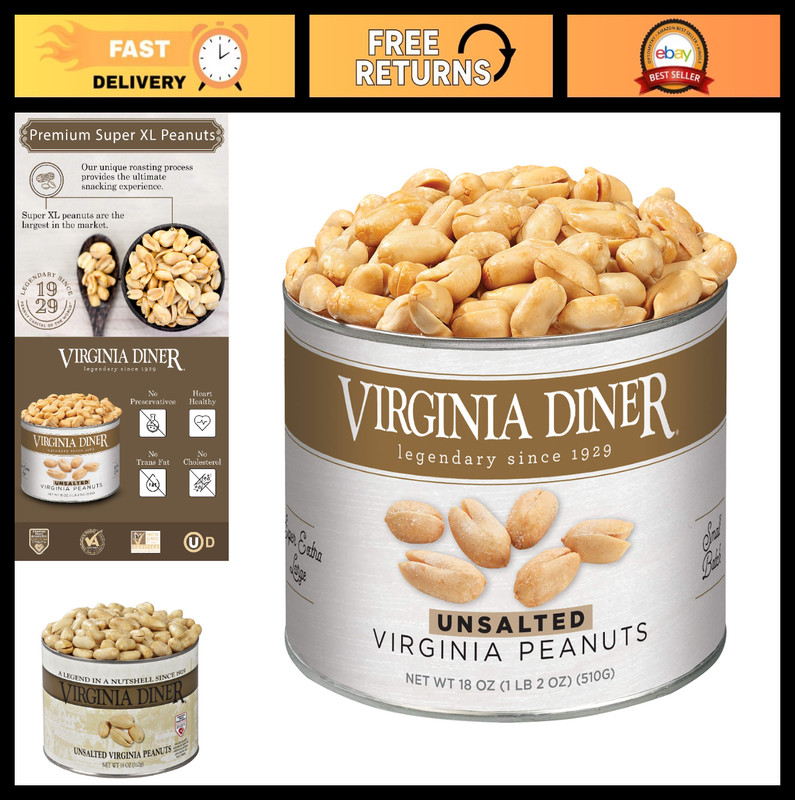 Gourmet Unsalted Virginia Peanuts - XL Non-GMO, Preservative-Free Snack - 18 Oz