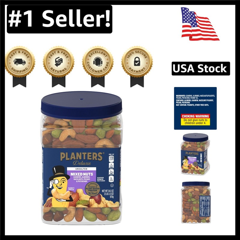 Kosher Unsalted Mixed Nuts - Cashews, Pistachios & More, 34.5 Oz Snack Container
