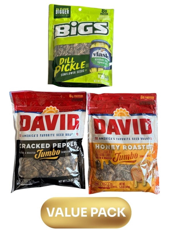 BIGS Dill Pickle + DAVID Jumbo Sunflower Seeds 3 Pack Honey Roasted Cracked Pepp