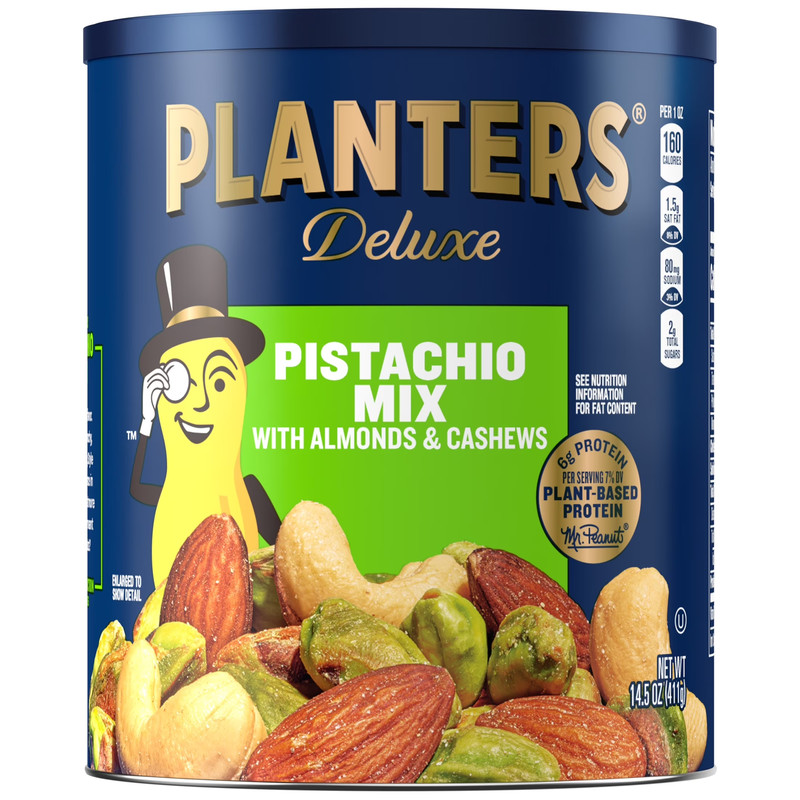 Deluxe Pistachio Mix, Party Snacks, Plant Based Protein, 14.5 Oz Steel Can