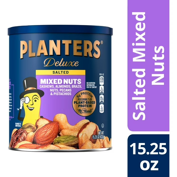 Planters Deluxe Mixed Nuts, Plant Based Protein, 15.25 oz Canister