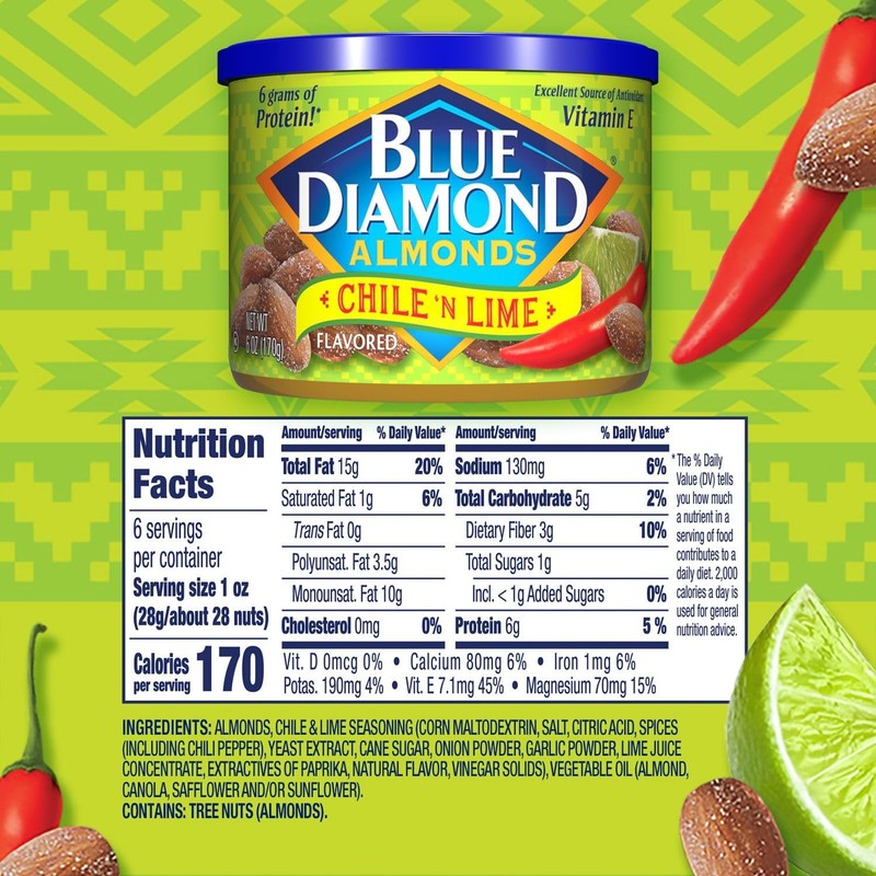 Blue Diamond Almonds, Snack Nut Flavored Chile n' Lime, 6 Ounce Can gallery