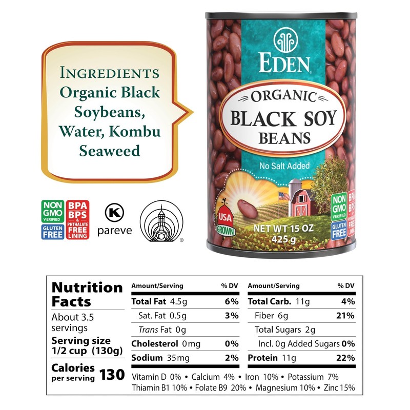 Organic Black Soy Beans - No Salt Added, 15oz Cans, Pack of 12 - Healthy Protein gallery
