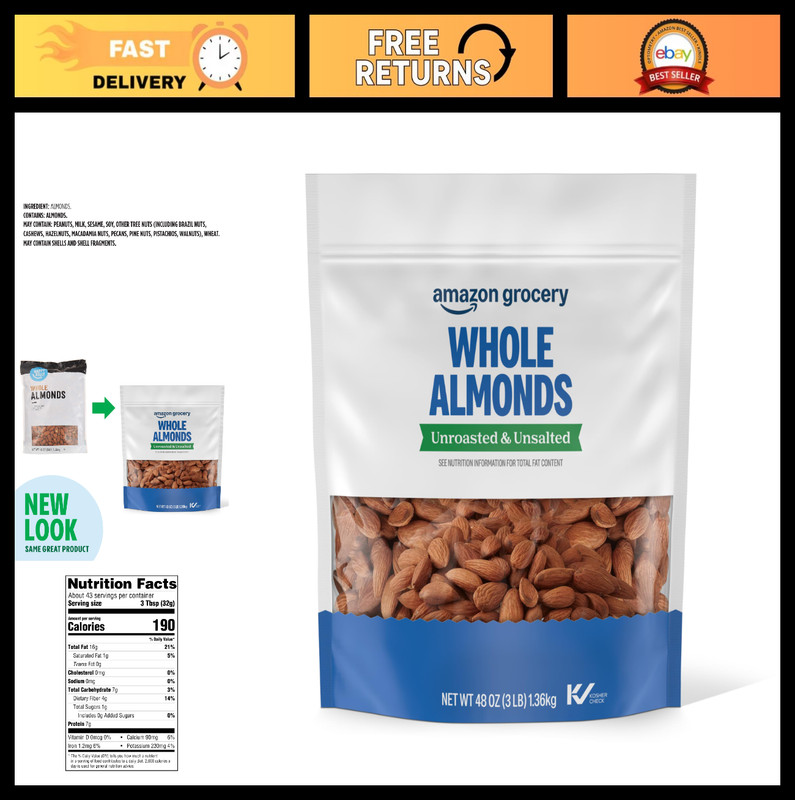 Unroasted Unsalted Whole Almonds, 48 Oz - Healthy Snack, Keto-Friendly, Raw Nuts
