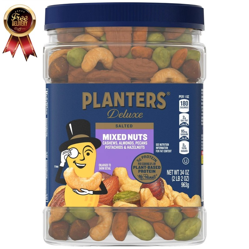 Deluxe Salted Mixed Nuts, Party Snacks, Plant Based 5G Protein, 34 Oz