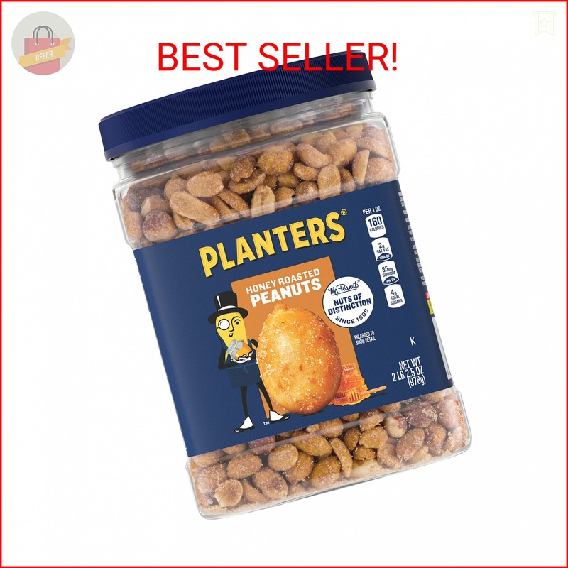 PLANTERS Honey Roasted Peanuts, Sweet and Salty Snacks, Plant-Based Protein , 34