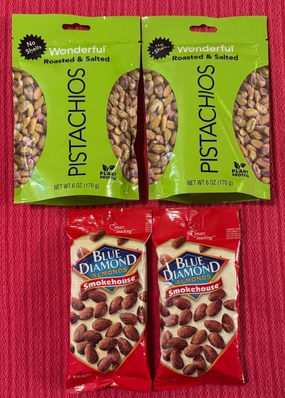 Wonderful Pistachios Nibs Roasted & Salted + Blue Diamond Almonds 4 Bags Total