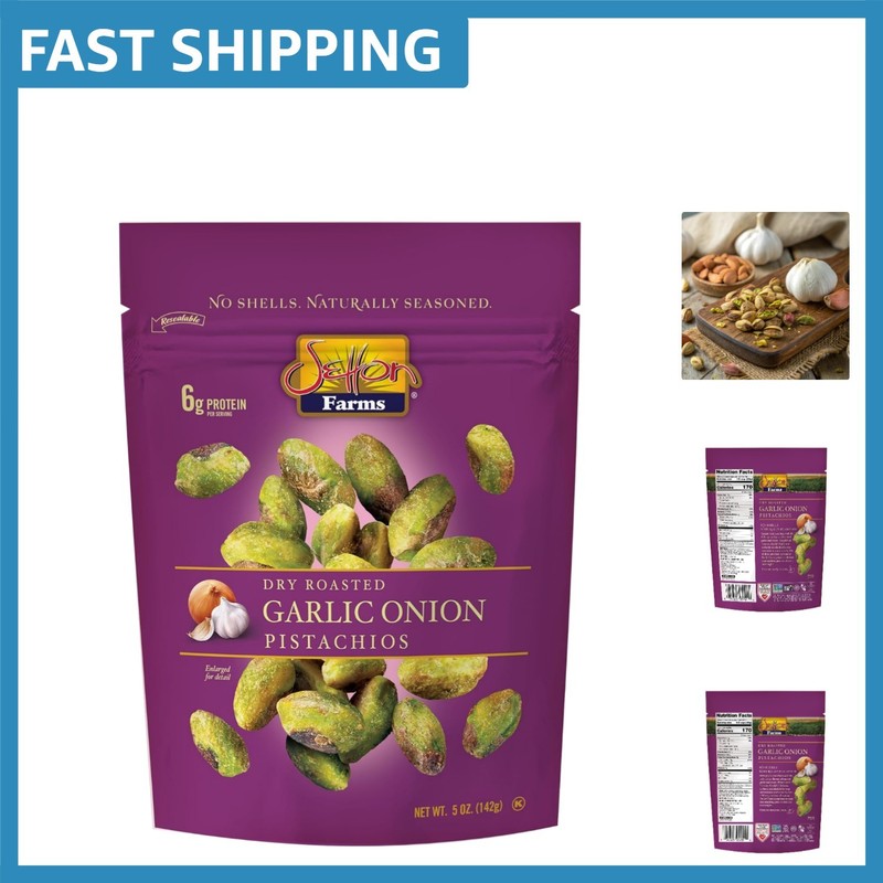 Savory Garlic Onion Naturally Seasoned Pistachio Kernels – 5 oz Resealable Pouch