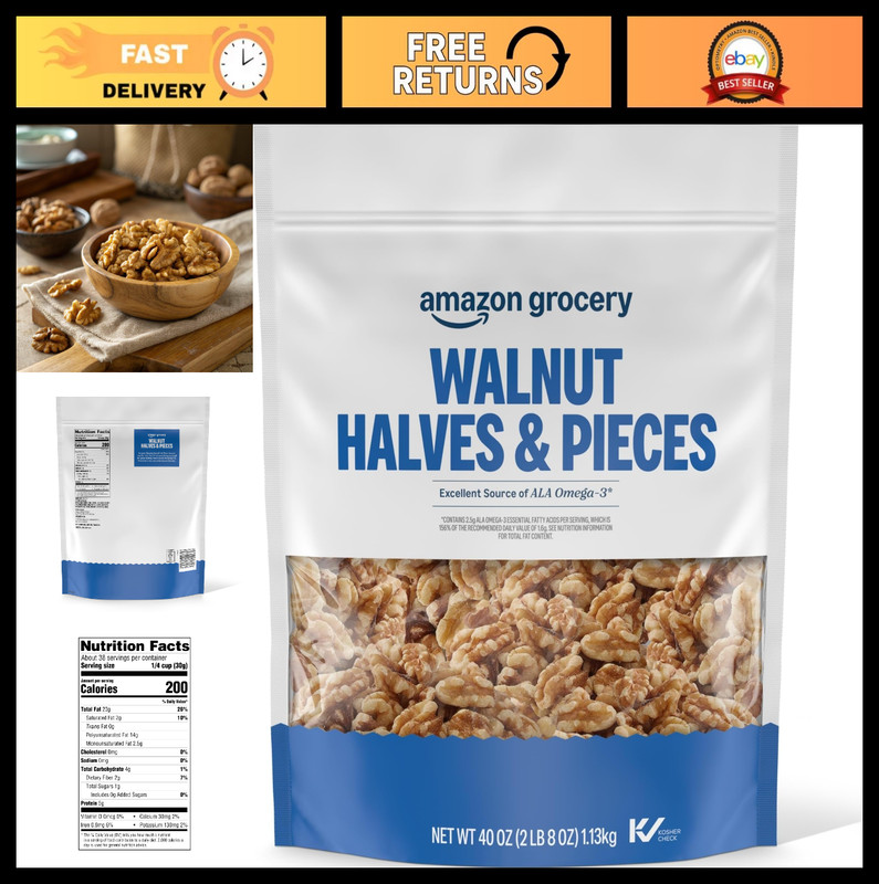 Walnut Halves & Pieces, 40 Oz – Fresh, Natural Snack, Baking Ingredient, Healthy