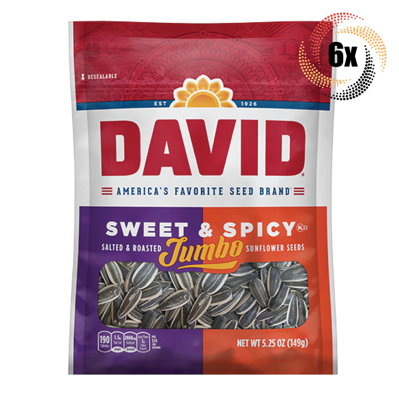 6x Bags David Jumbo Sweet & Spicy Sunflower Seeds | 5.25oz | Salted & Roasted