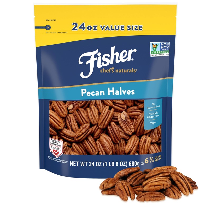 Fisher Chef’s Naturals Pecan Halves 24 oz Resealable Bag, Unsalted Raw Nuts f…