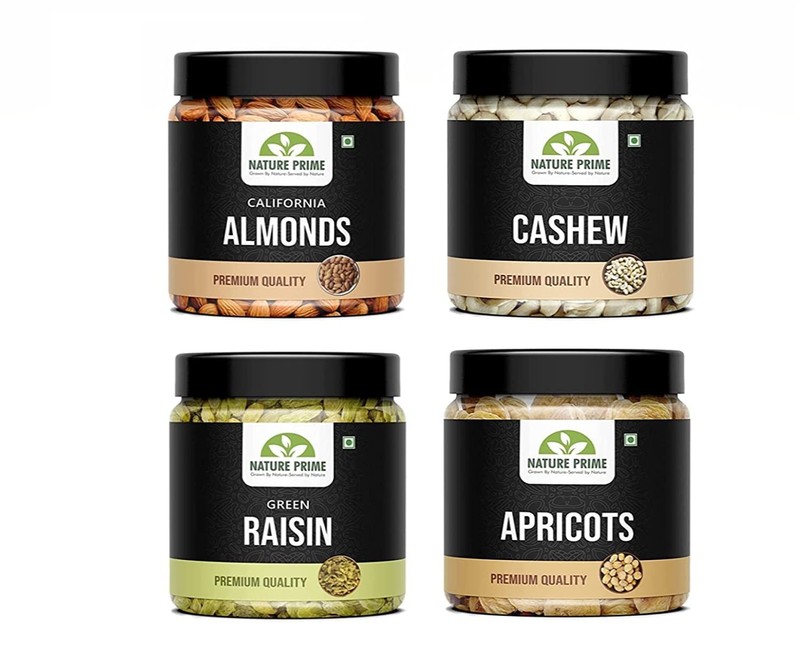 Nature Prime Nuts Combo 800g | Almonds, Cashews, Raisins, Apricot Jar Pack