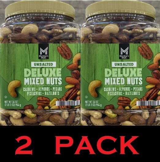 Member’s Mark Unsalted DELUXE MIXED NUTS 34 oz Tub PECANS ALMONDS – 2 PACK