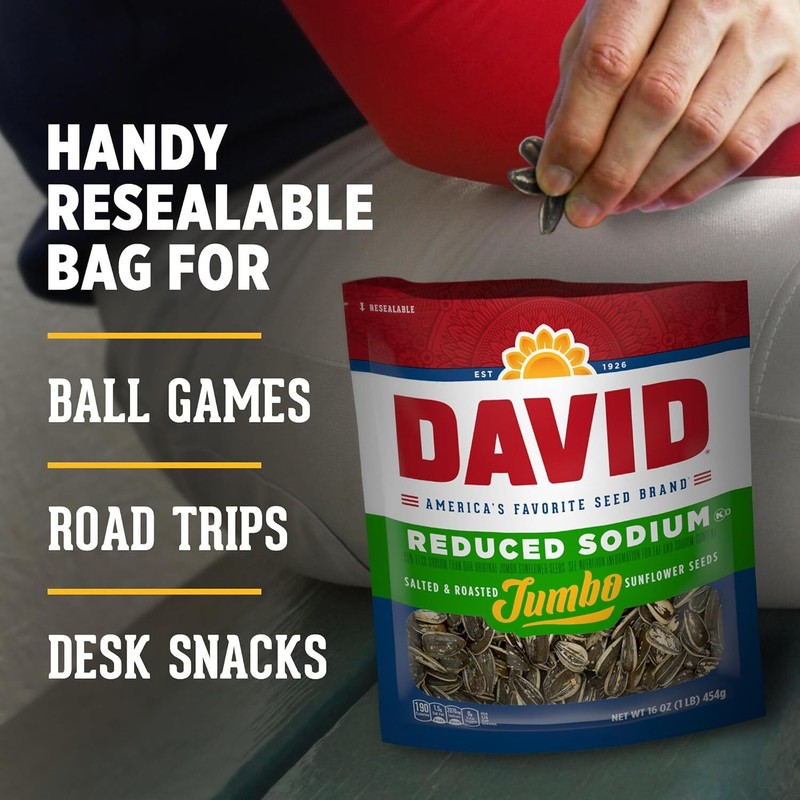 David Reduced Sodium Jumbo Sunflower Seeds,Keto Friendly Snack, 16 Oz. Bag gallery