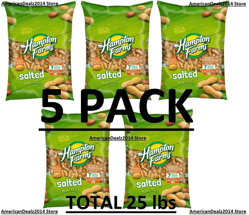 5 PACK - Hampton Farms Salted In-Shell Peanuts 5 lb (Total 25 lbs) FRESH!!