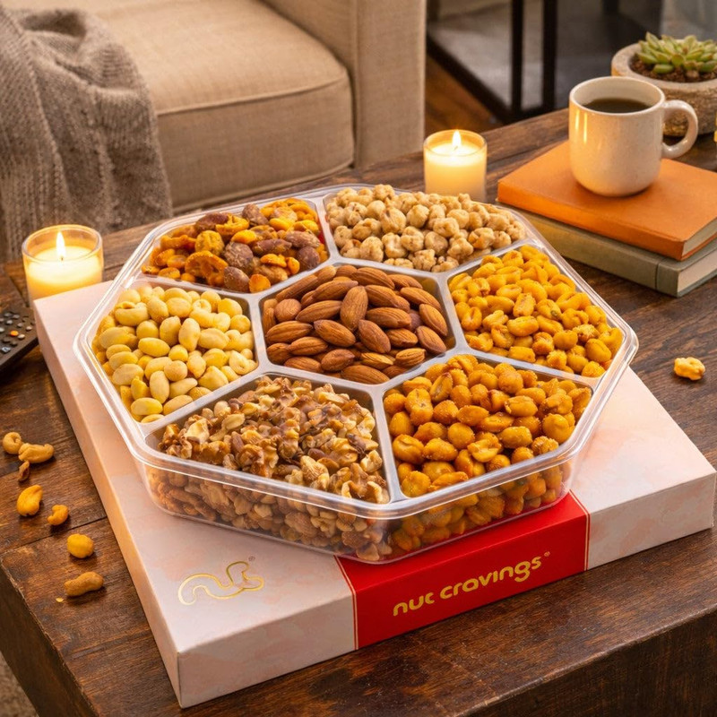 NUT CRAVINGS - Mixed Nuts Gift Basket in Red Gold Classic Box (7 Assortments, 1 gallery